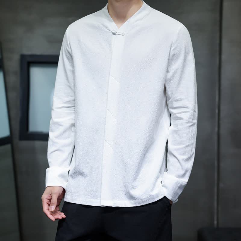 Buddha Stones Fall Tang Style Minimalist Frog Button Solid Men's Long Sleeve Shirts - image 30