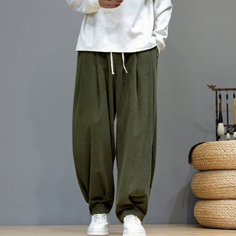 Buddha Stones Fall Winter Retro Casual Drawstring Solid Ankle Pants Corduroy Men's Harem Pants With Pocket - DarkOliveGreen - US/UK/AU46, EU56 (5XL) - image 22