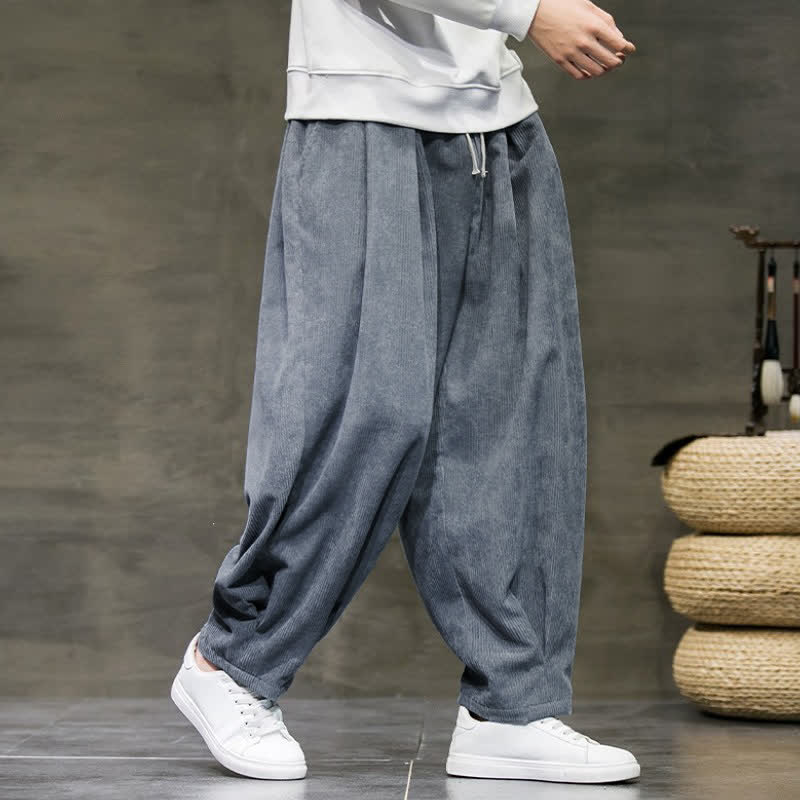 Buddha Stones Fall Winter Retro Casual Drawstring Solid Ankle Pants Corduroy Men's Harem Pants With Pocket - image 1
