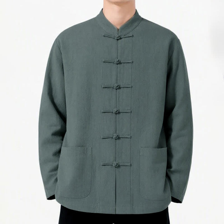 Buddha Stones Spring Fall Tang Style Frog Button Solid Cotton Linen Men's Long Sleeve Shirts With Pockets - image 35