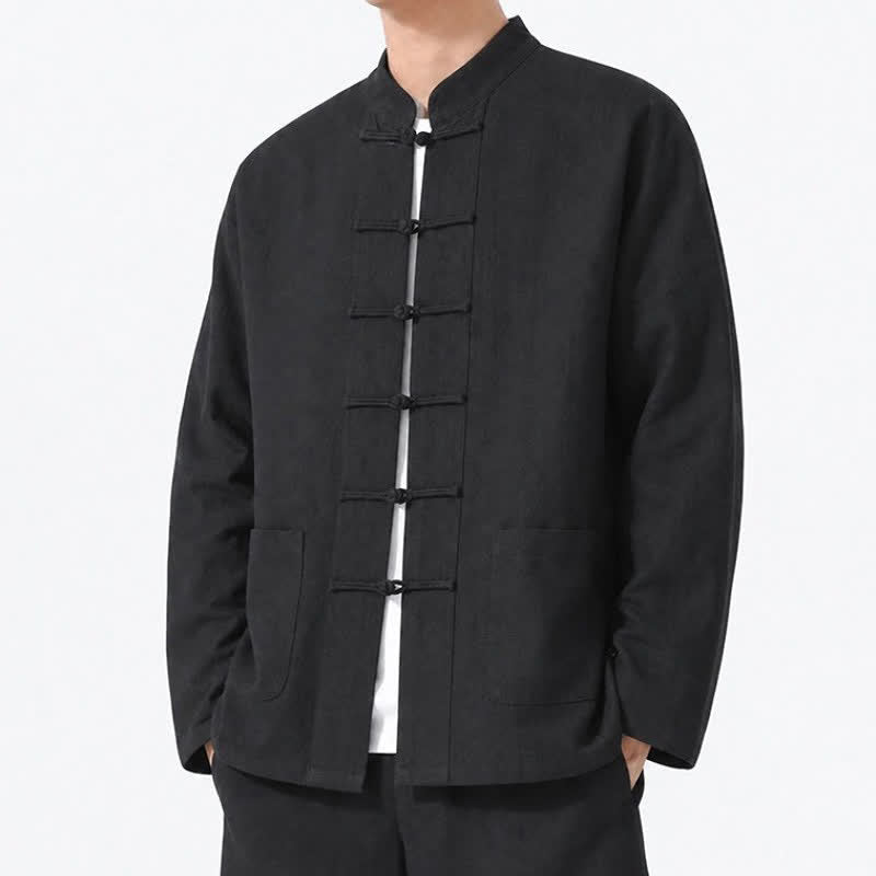 Buddha Stones Spring Fall Tang Style Frog Button Solid Cotton Linen Men's Long Sleeve Shirts With Pockets - image 17