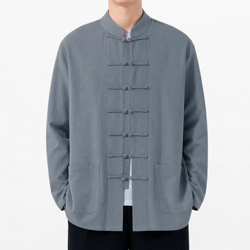 Buddha Stones Spring Fall Tang Style Frog Button Solid Cotton Linen Men's Long Sleeve Shirts With Pockets - image 8