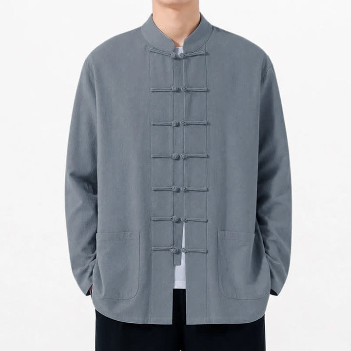 Buddha Stones Spring Fall Tang Style Frog Button Solid Cotton Linen Men's Long Sleeve Shirts With Pockets - image 8