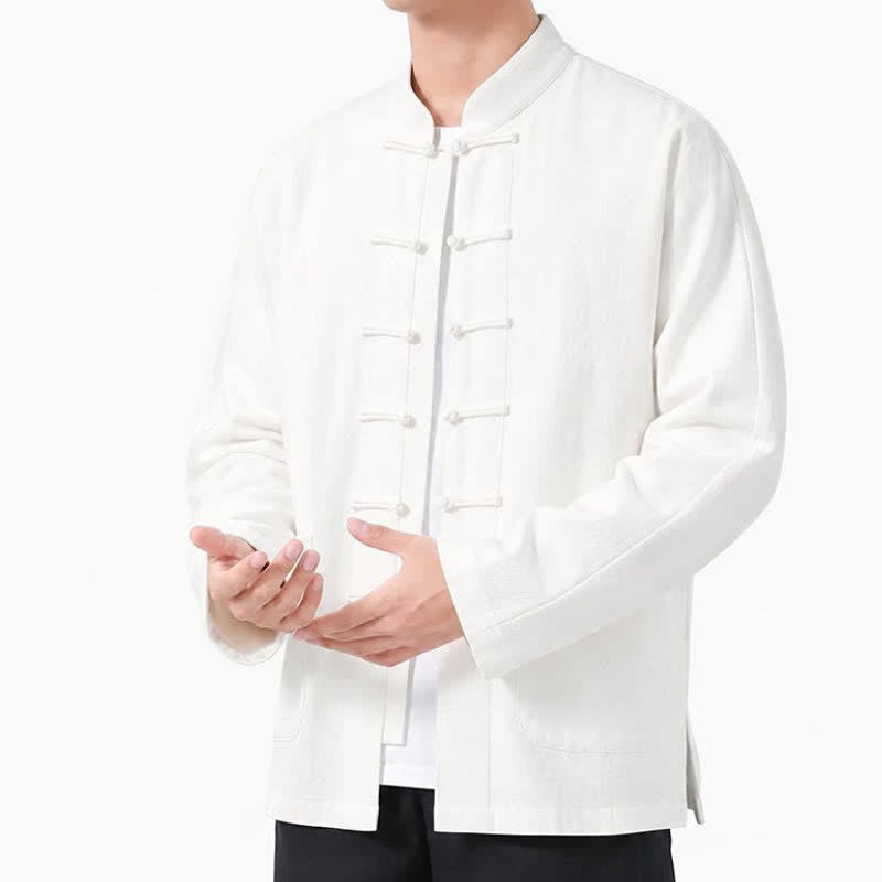 Buddha Stones Spring Fall Tang Style Frog Button Solid Cotton Linen Men's Long Sleeve Shirts With Pockets - image 44