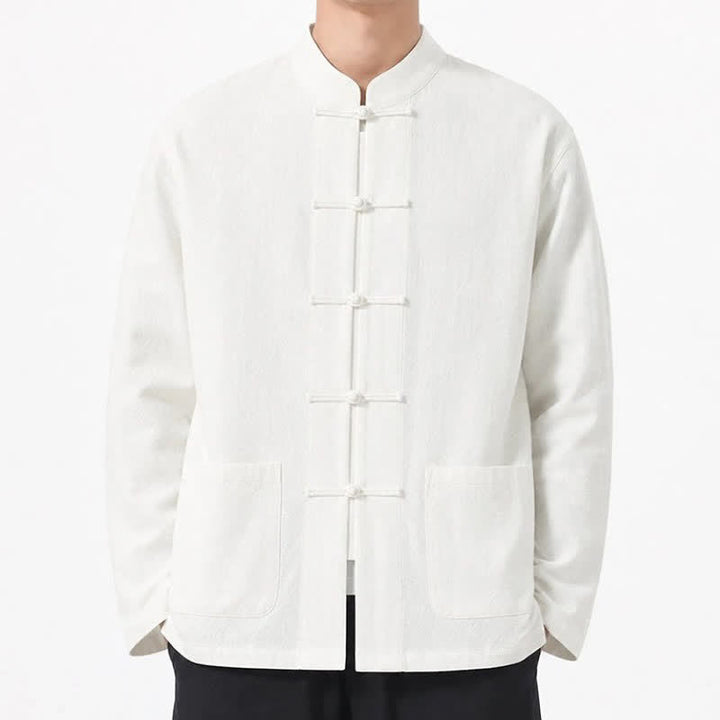 Buddha Stones Spring Fall Tang Style Frog Button Solid Cotton Linen Men's Long Sleeve Shirts With Pockets - image 42