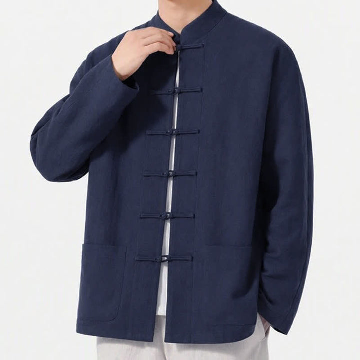Buddha Stones Spring Fall Tang Style Frog Button Solid Cotton Linen Men's Long Sleeve Shirts With Pockets - image 5