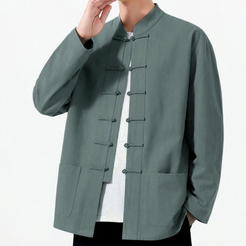 Buddha Stones Spring Fall Tang Style Frog Button Solid Cotton Linen Men's Long Sleeve Shirts With Pockets - image 34
