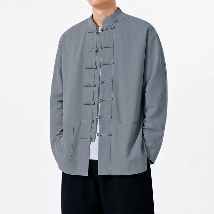 Buddha Stones Spring Fall Tang Style Frog Button Solid Cotton Linen Men's Long Sleeve Shirts With Pockets - DarkGray - US/UK/AU46, EU56 (5XL) - image 7
