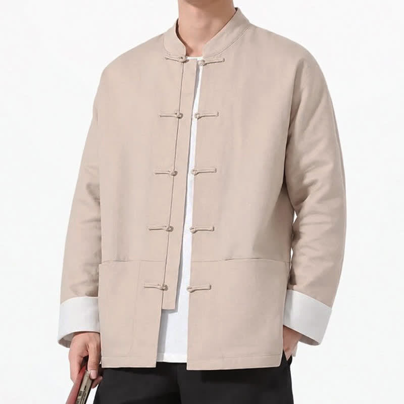 Buddha Stones Spring Fall Casual Tang Style Frog Button Solid Cotton Linen Men's Long Sleeve Shirts With Pockets - image 37