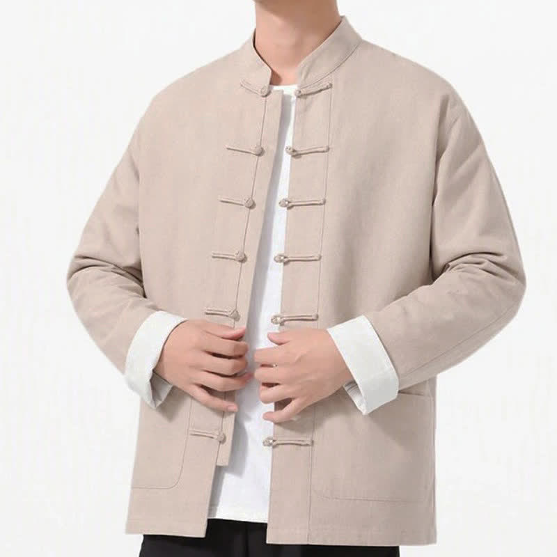 Buddha Stones Spring Fall Casual Tang Style Frog Button Solid Cotton Linen Men's Long Sleeve Shirts With Pockets - image 36