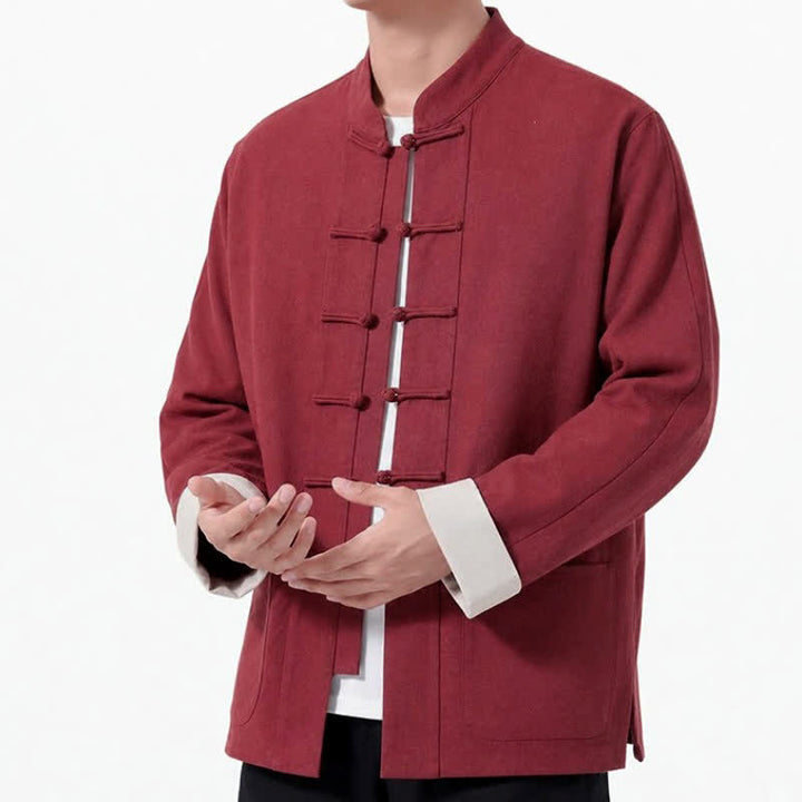 Buddha Stones Spring Fall Casual Tang Style Frog Button Solid Cotton Linen Men's Long Sleeve Shirts With Pockets - image 25