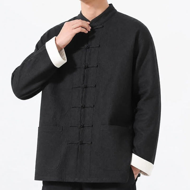 Buddha Stones Spring Fall Casual Tang Style Frog Button Solid Cotton Linen Men's Long Sleeve Shirts With Pockets - image 17