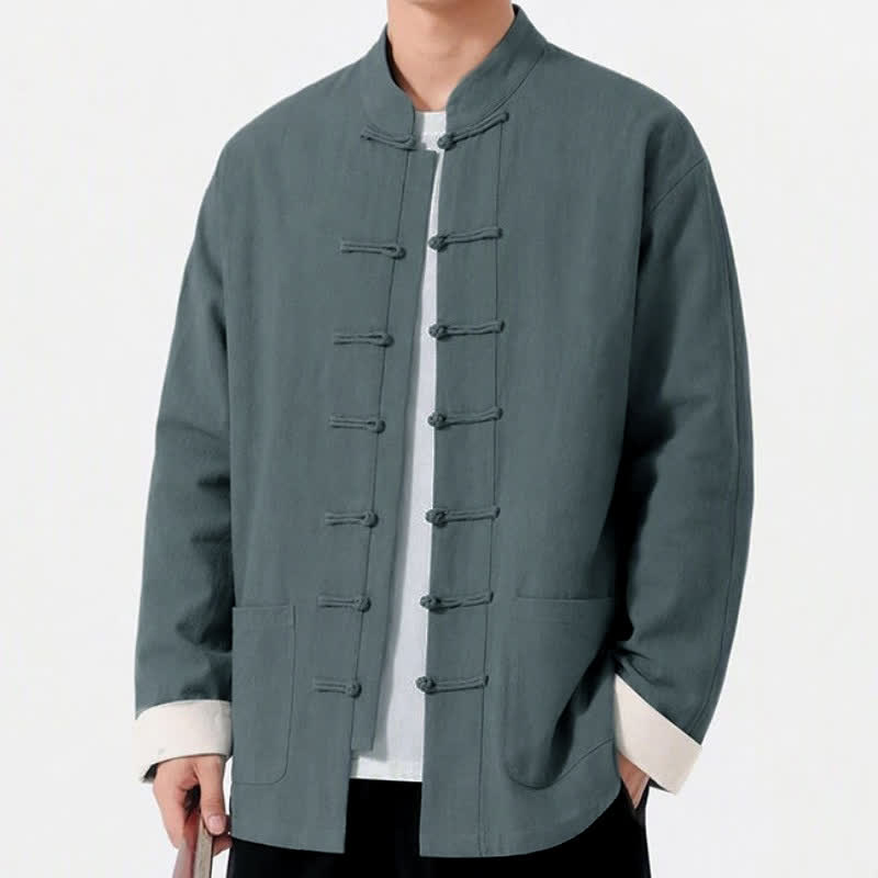 Buddha Stones Spring Fall Casual Tang Style Frog Button Solid Cotton Linen Men's Long Sleeve Shirts With Pockets - image 2