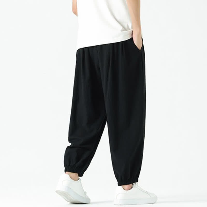 Buddha Stones Fall Winter Casual Minimalist Drawstring Solid Cotton Ankle Pants Men's Tapered Pants With Pockets - image 9