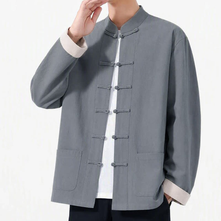 Buddha Stones Spring Fall Casual Tang Style Frog Button Solid Cotton Linen Men's Long Sleeve Shirts With Pockets - image 10