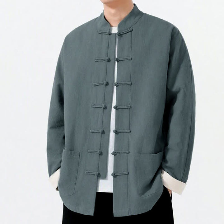 Buddha Stones Spring Fall Casual Tang Style Frog Button Solid Cotton Linen Men's Long Sleeve Shirts With Pockets - image 6