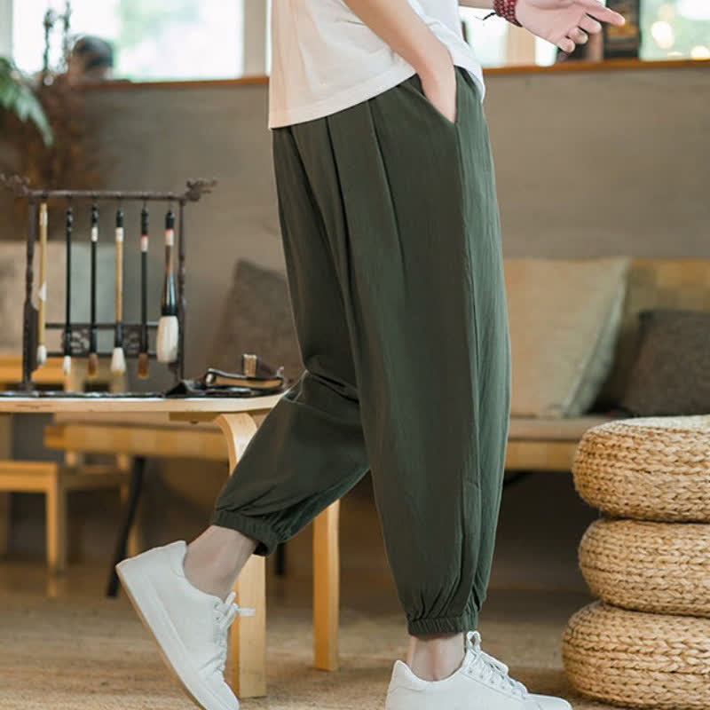Buddha Stones Fall Winter Casual Minimalist Drawstring Solid Cotton Ankle Pants Men's Tapered Pants With Pockets - image 15