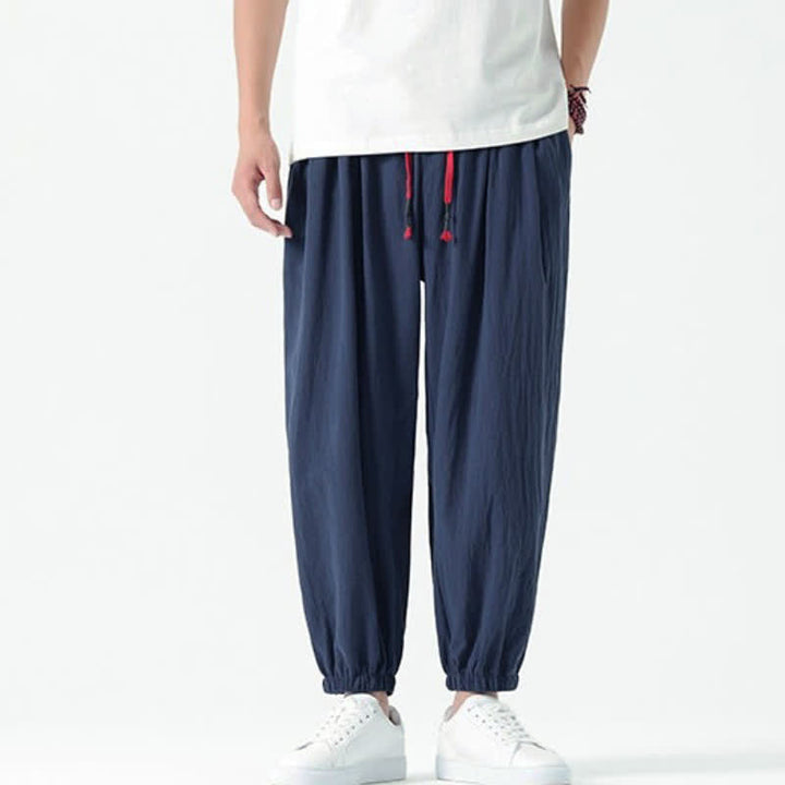 Buddha Stones Fall Winter Casual Minimalist Drawstring Solid Cotton Ankle Pants Men's Tapered Pants With Pockets - image 2