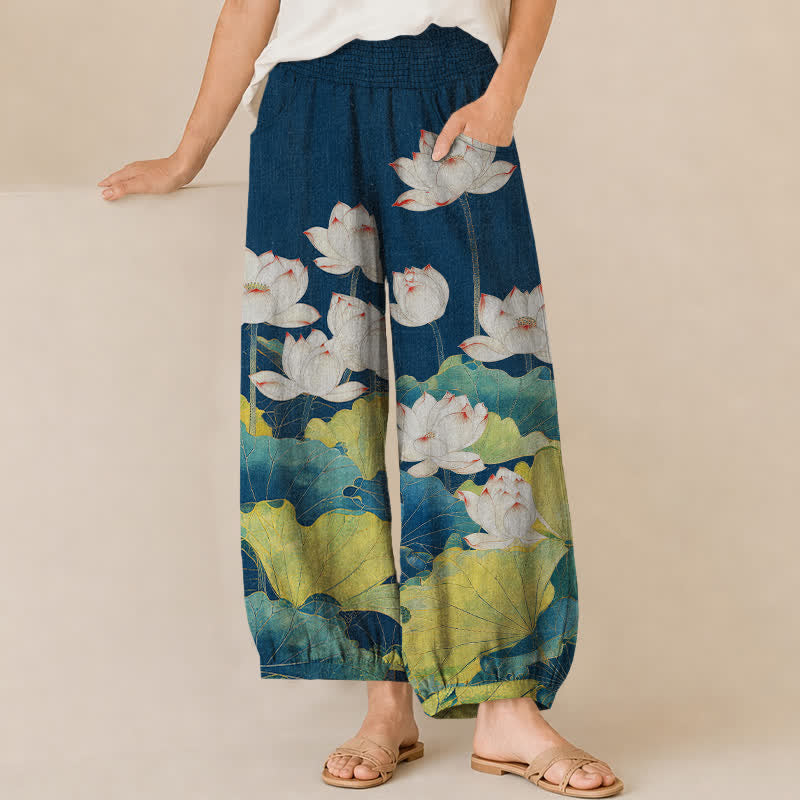 Buddha Stones Cotton Lotus Pond Pattern Pleated Elastic Waist Women's Harem Pants With Pockets - Navy - US16，UK/AU20，EU48 (3XL) - image 0