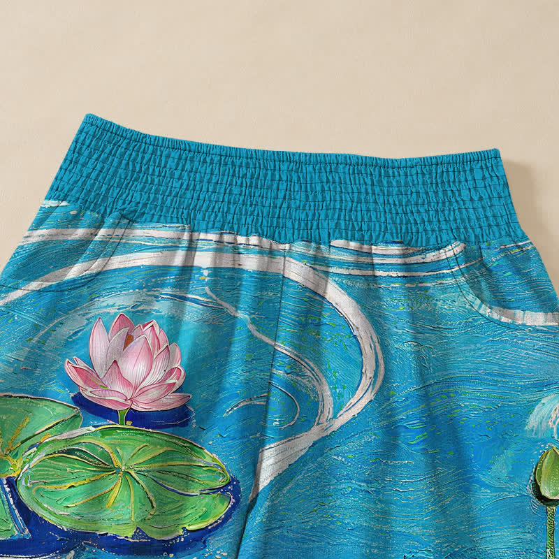 Buddha Stones Cotton Pink Lotus Pond Pattern Pleated Elastic Waist Women's Harem Pants With Pockets - image 4