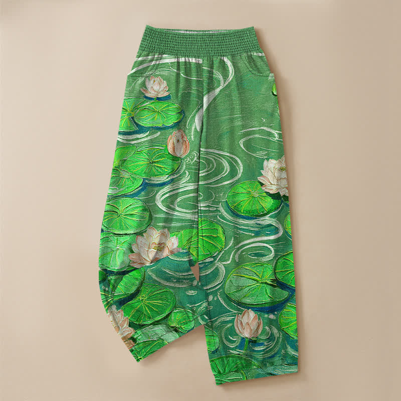 Buddha Stones Cotton Pink Lotus Pond Pattern Pleated Elastic Waist Women's Harem Pants With Pockets - image 13
