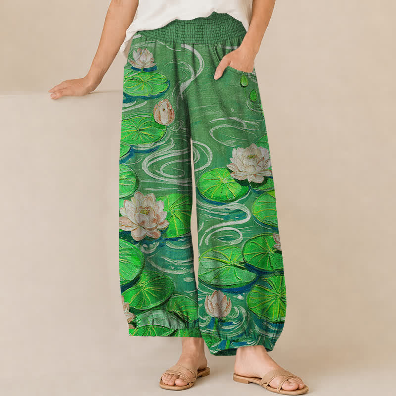 Buddha Stones Cotton Pink Lotus Pond Pattern Pleated Elastic Waist Women's Harem Pants With Pockets - ForestGreen - US16，UK/AU20，EU48 (3XL) - image 10