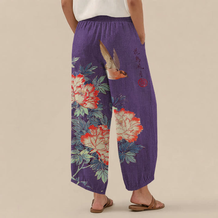 Buddha Stones Cotton Red Peony Bird Calligraphy Pattern Pleated Elastic Waist Women's Harem Pants With Pockets - image 8