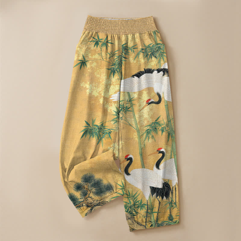 Buddha Stones Cotton Oriental Crane Bamboo Landscape Pattern Pleated Elastic Waist Women's Harem Pants With Pockets - image 3