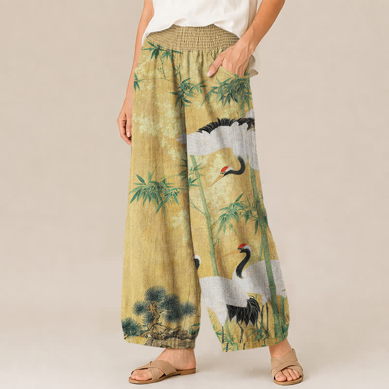 Buddha Stones Cotton Oriental Crane Bamboo Landscape Pattern Pleated Elastic Waist Women's Harem Pants With Pockets - image 1