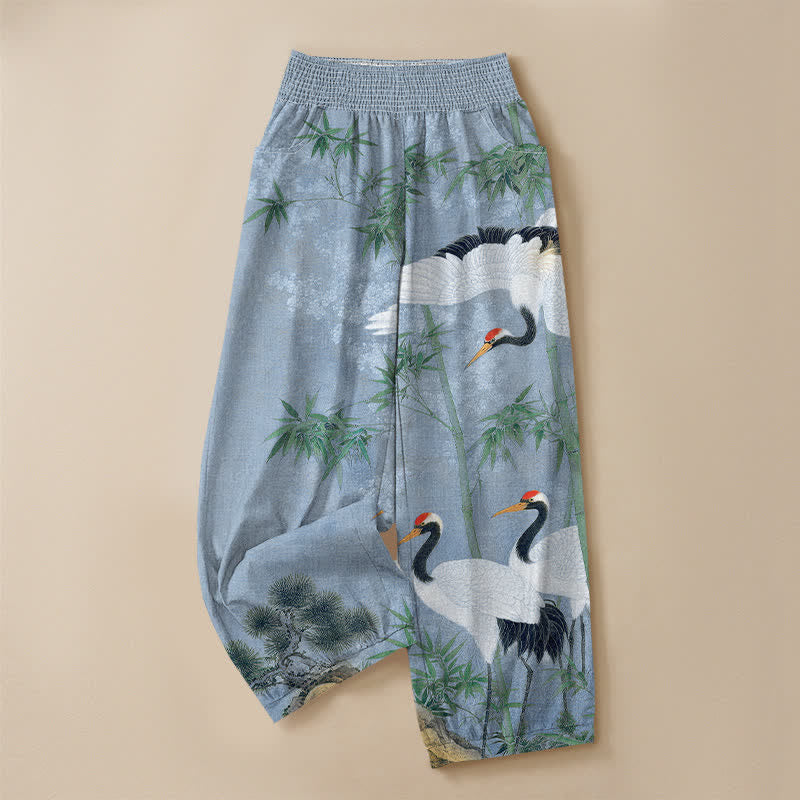 Buddha Stones Cotton Oriental Crane Bamboo Landscape Pattern Pleated Elastic Waist Women's Harem Pants With Pockets - image 13