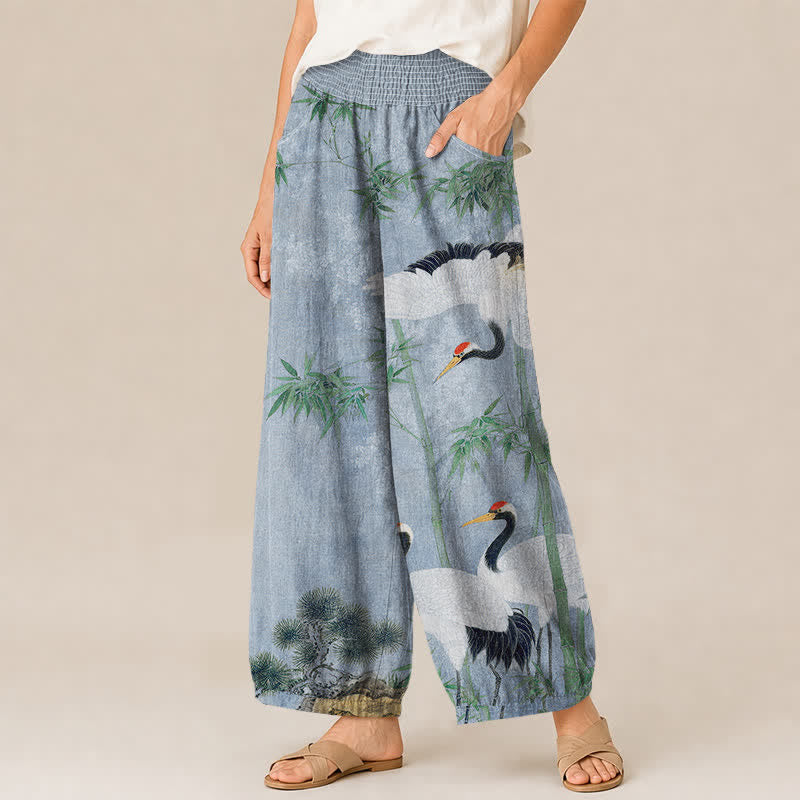 Buddha Stones Cotton Oriental Crane Bamboo Landscape Pattern Pleated Elastic Waist Women's Harem Pants With Pockets - image 11