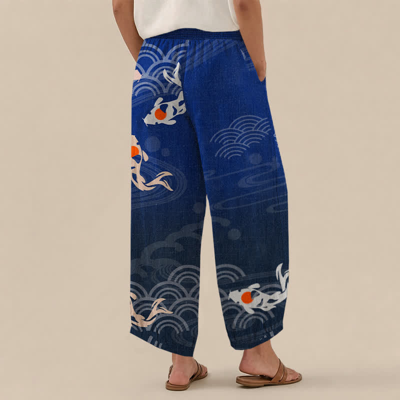 Buddha Stones Cotton Japanese Wave Koi Fish Pattern Pleated Elastic Waist Women's Harem Pants With Pockets - image 2