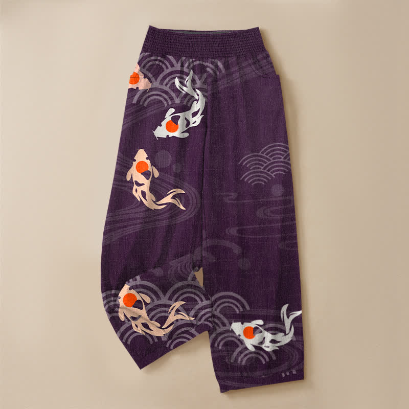 Buddha Stones Cotton Japanese Wave Koi Fish Pattern Pleated Elastic Waist Women's Harem Pants With Pockets - image 9