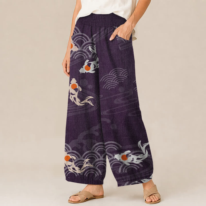 Buddha Stones Cotton Japanese Wave Koi Fish Pattern Pleated Elastic Waist Women's Harem Pants With Pockets - image 7