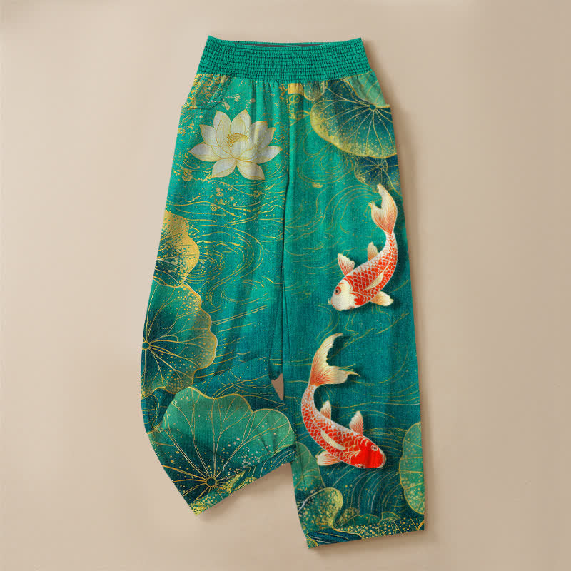 Buddha Stones Cotton Lotus Red Koi Fish Pond Pattern Pleated Elastic Waist Women's Harem Pants With Pockets - image 3