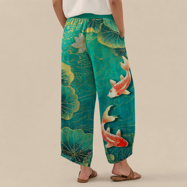 Buddha Stones Cotton Lotus Red Koi Fish Pond Pattern Pleated Elastic Waist Women's Harem Pants With Pockets - image 2