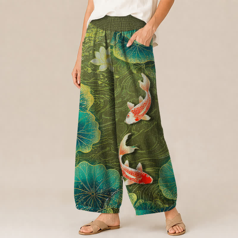 Buddha Stones Cotton Lotus Red Koi Fish Pond Pattern Pleated Elastic Waist Women's Harem Pants With Pockets - image 7