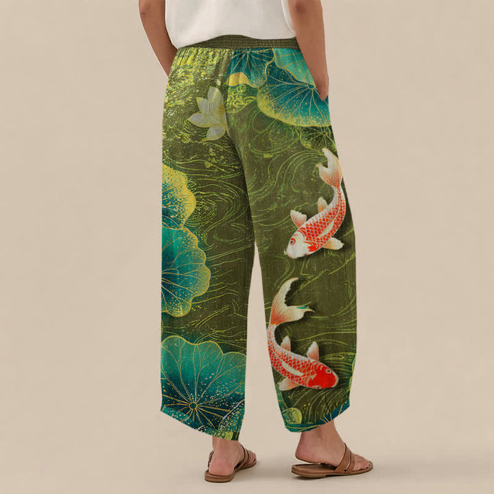Buddha Stones Cotton Lotus Red Koi Fish Pond Pattern Pleated Elastic Waist Women's Harem Pants With Pockets - image 8