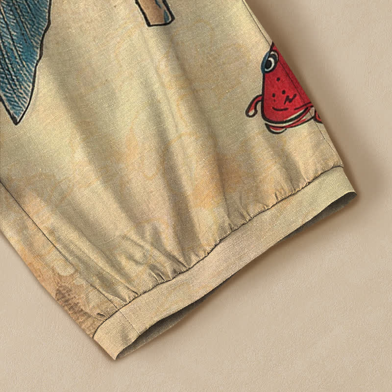 Buddha Stones Cotton Ocean Koi Fish Wave Pattern Pleated Elastic Waist Women's Harem Pants With Pockets - image 5
