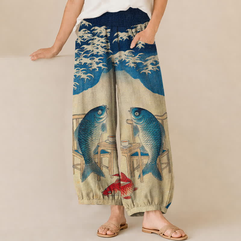 Buddha Stones Cotton Ocean Koi Fish Wave Pattern Pleated Elastic Waist Women's Harem Pants With Pockets - Navy - US16，UK/AU20，EU48 (3XL) - image 0