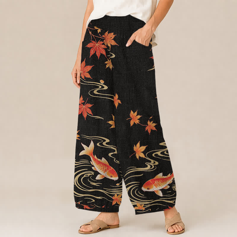 Buddha Stones Cotton Koi Fish Red Maple Wave Pattern Pleated Elastic Waist Women's Harem Pants With Pockets - image 1