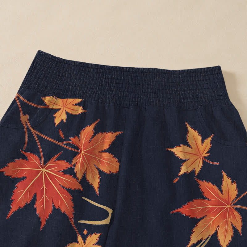 Buddha Stones Cotton Koi Fish Red Maple Wave Pattern Pleated Elastic Waist Women's Harem Pants With Pockets - image 10