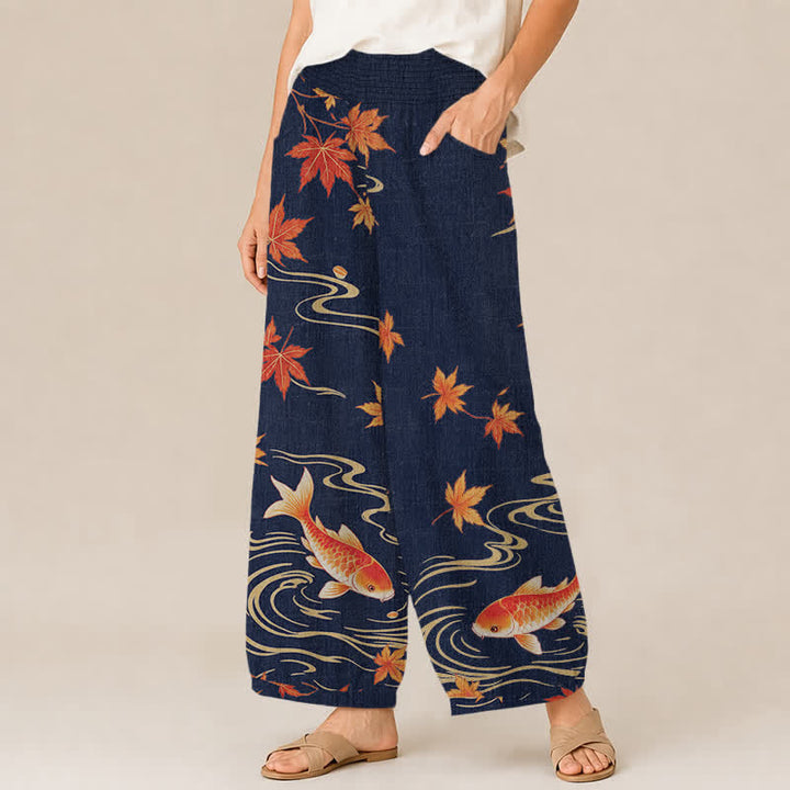 Buddha Stones Cotton Koi Fish Red Maple Wave Pattern Pleated Elastic Waist Women's Harem Pants With Pockets - image 7