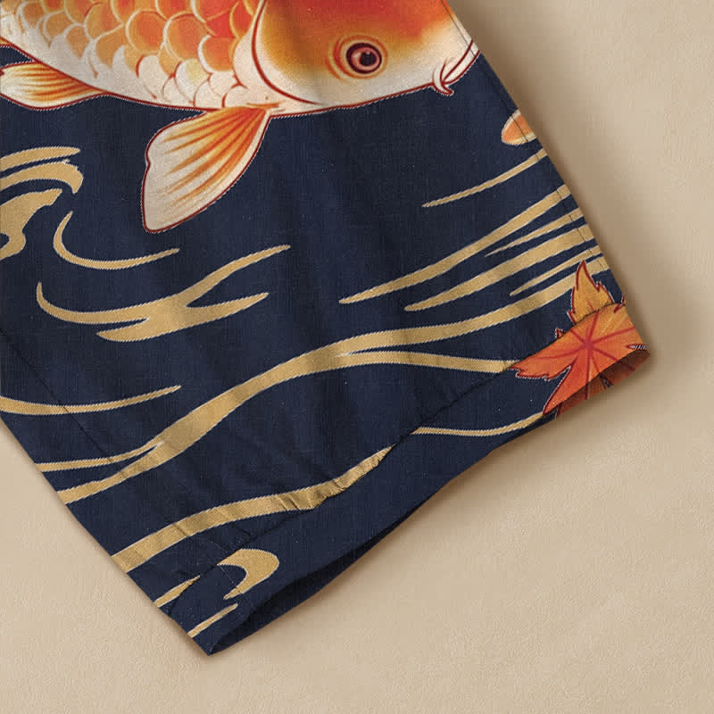 Buddha Stones Cotton Koi Fish Red Maple Wave Pattern Pleated Elastic Waist Women's Harem Pants With Pockets - image 11
