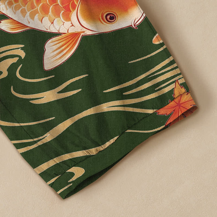 Buddha Stones Cotton Koi Fish Red Maple Wave Pattern Pleated Elastic Waist Women's Harem Pants With Pockets - image 17