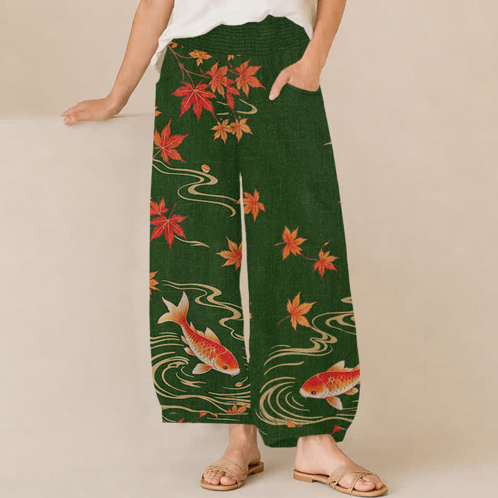 Buddha Stones Cotton Koi Fish Red Maple Wave Pattern Pleated Elastic Waist Women's Harem Pants With Pockets - DarkGreen - US16，UK/AU20，EU48 (3XL) - image 12