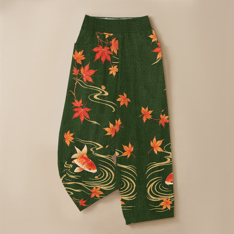 Buddha Stones Cotton Koi Fish Red Maple Wave Pattern Pleated Elastic Waist Women's Harem Pants With Pockets - image 15