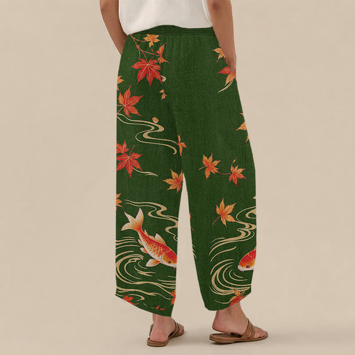 Buddha Stones Cotton Koi Fish Red Maple Wave Pattern Pleated Elastic Waist Women's Harem Pants With Pockets - image 14