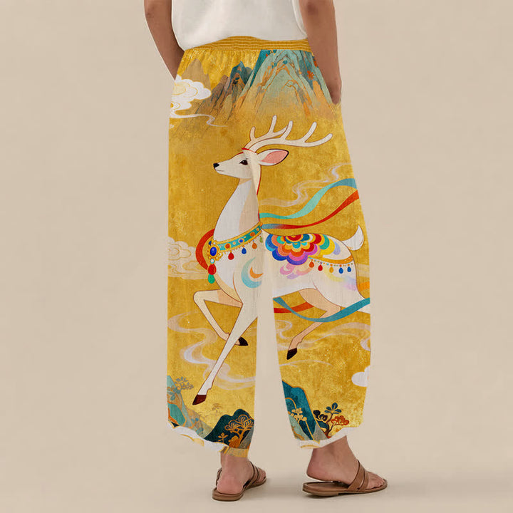 Buddha Stones Cotton Auspicious Deer Cloud Floral Pattern Pleated Elastic Waist Women's Harem Pants With Pockets - image 2