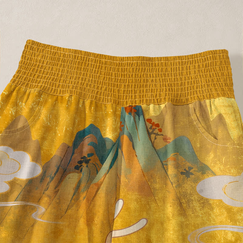 Buddha Stones Cotton Auspicious Deer Cloud Floral Pattern Pleated Elastic Waist Women's Harem Pants With Pockets - image 4